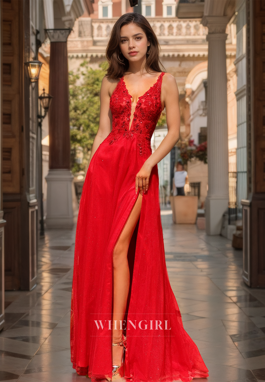 A-Line V-Neck Straps Sleeveless High Slit Appliques Lace Prom Dress with Train Formal Gowns