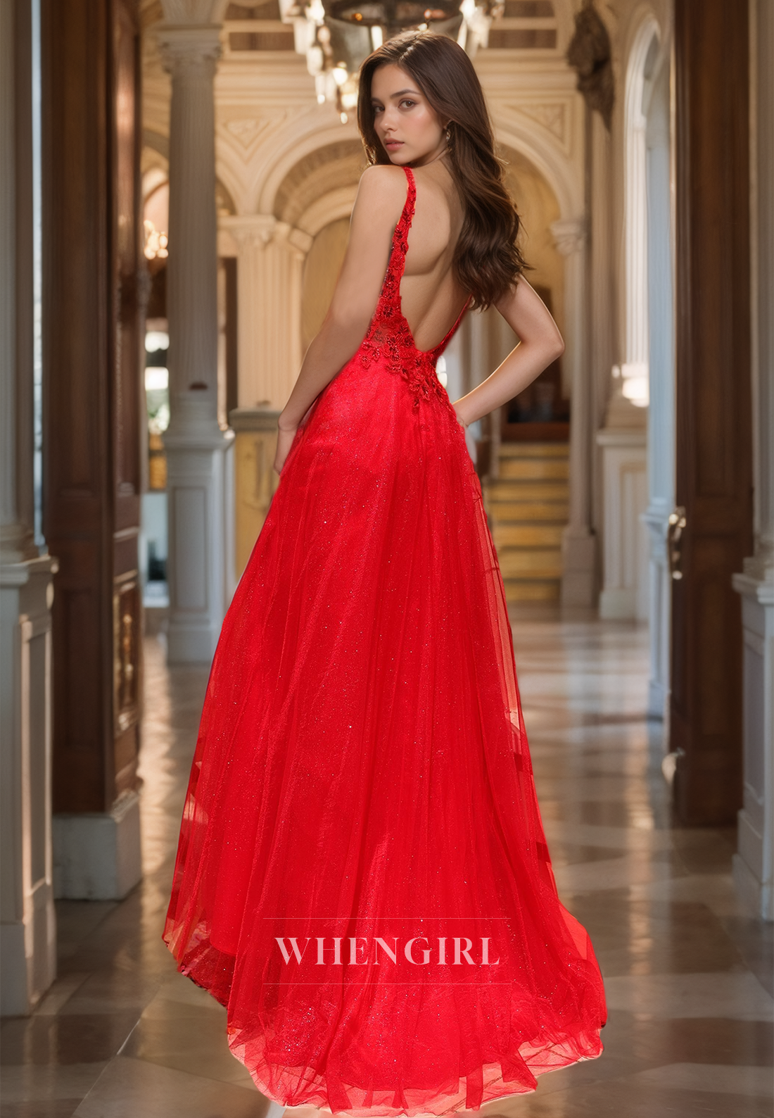 A-Line V-Neck Straps Sleeveless High Slit Appliques Lace Prom Dress with Train Formal Gowns
