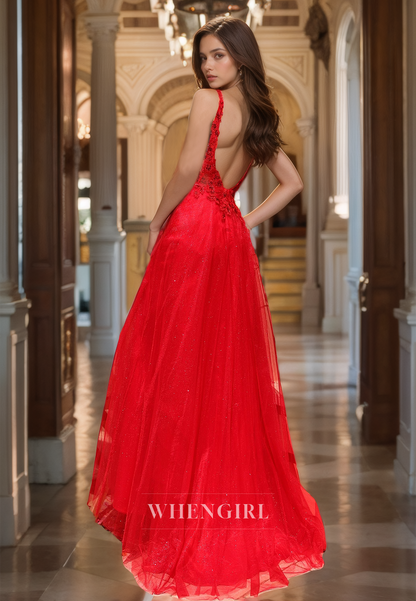 A-Line V-Neck Straps Sleeveless High Slit Appliques Lace Prom Dress with Train Formal Gowns