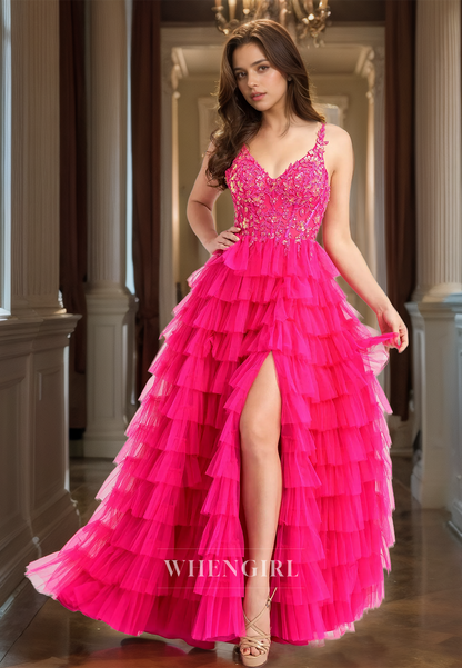 A-Line Spaghetti Straps V-Neck Sleeveless Floor-Length Lace Prom Dress with Appliques Evening Gowns