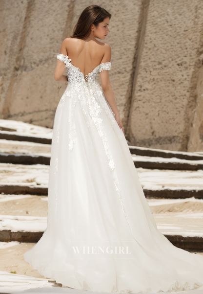 Off-Shoulder Sweetheart A-Line Sleeveless Pleats Lace Wedding Dress with Appliques Bridal Gowns