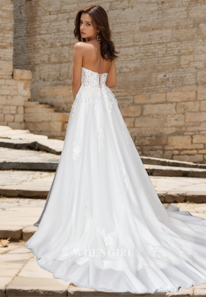 A-Line Sweetheart Sleeveless Sweep Train Lace Beach Wedding Dress Boho Gowns with Appliques