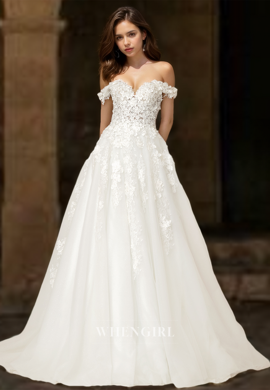 Off-Shoulder Sweetheart A-Line Sleeveless Pleats Lace Wedding Dress with Appliques Bridal Gowns