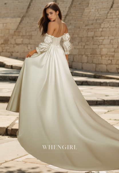Sweetheart A-Line Long Sleeves Court Train Pleated Satin Wedding Dress Bridal Gowns