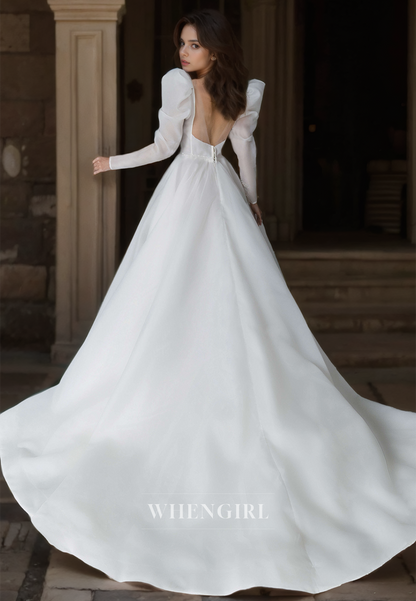 Deep V-Neck A-Line Long Sleeves Appliques Pleated Tulle Wedding Dress Bridal Gowns with Train