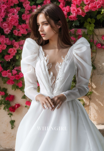 Deep V-Neck A-Line Long Sleeves Appliques Pleated Tulle Wedding Dress Bridal Gowns with Train