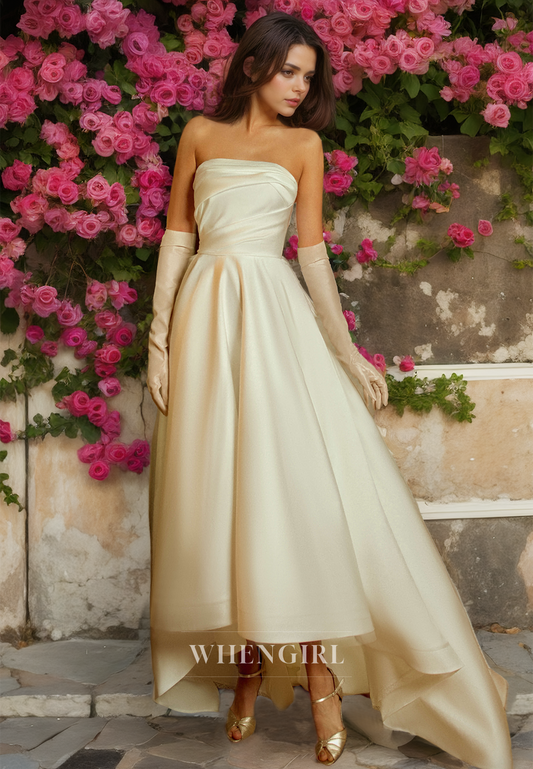 A-Line Tube Top Sleeveless Brush Train Pleated Satin Wedding Dress Bridal Gowns with Gloves