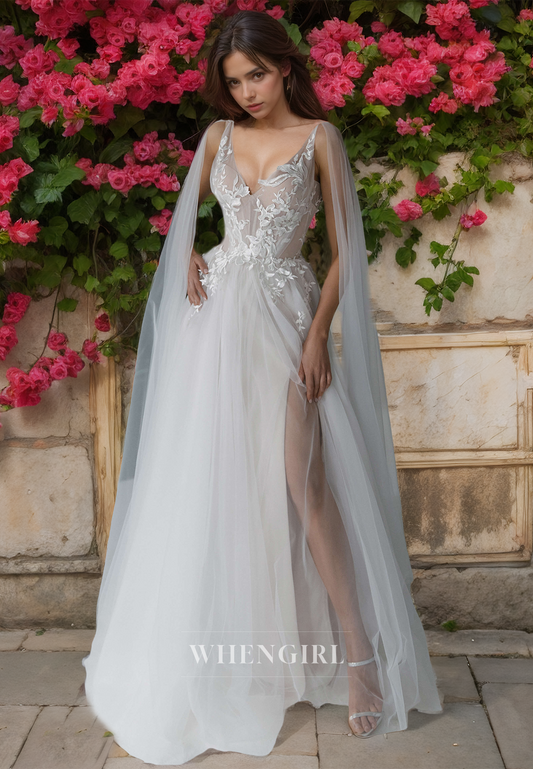 A-Line V-Neck Straps Sleeveless High Split Brush Train Lace Bridal Gowns Wedding Dress with Appliques