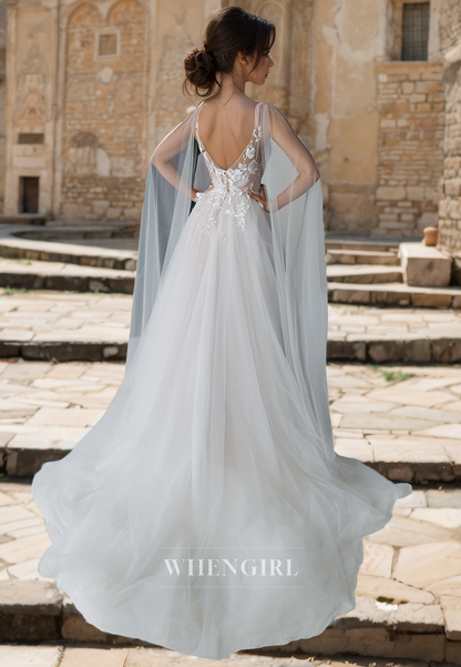 A-Line V-Neck Straps Sleeveless High Split Brush Train Lace Bridal Gowns Wedding Dress with Appliques