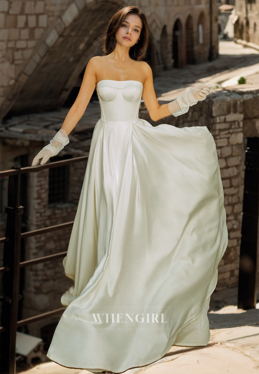Tube Top Sleeveless A-Line Sweep Train Pleats Satin Wedding Dress with Gloves Bridal Dress