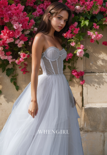 A-Line Sweetheart Sleeveless Stripe Sheer Pleats Lace Bridal Gowns with Beads Wedding Dress