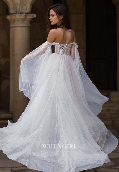 A-Line Sweetheart Sleeveless Stripe Sheer Pleats Lace Bridal Gowns with Beads Wedding Dress