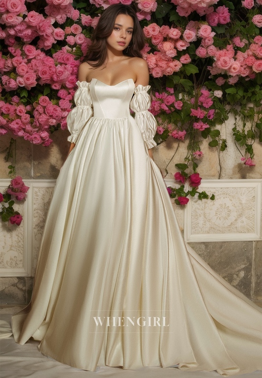 Sweetheart A-Line Long Sleeves Court Train Pleated Satin Wedding Dress Bridal Gowns