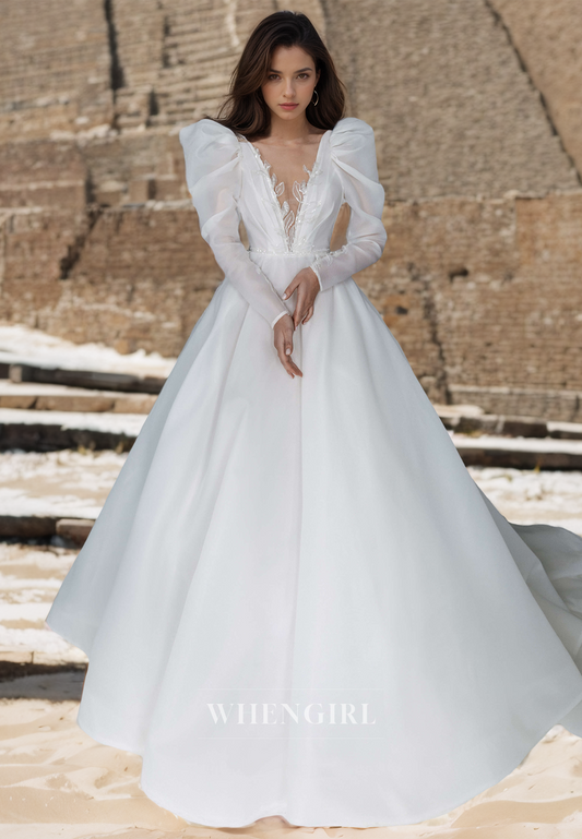 Deep V-Neck A-Line Long Sleeves Appliques Pleated Tulle Wedding Dress Bridal Gowns with Train