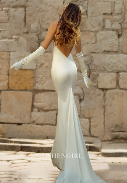 Spahetti Straps Low V-Neck Sleeveless Mermaid Train Ruched Satin Wedding Dress Boho Gowns with Gloves