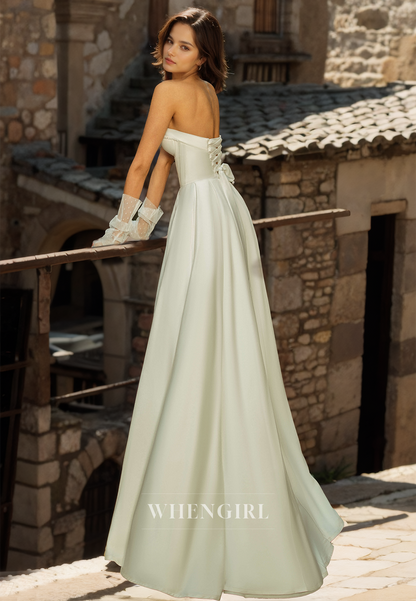 Tube Top Sleeveless A-Line Sweep Train Pleats Satin Wedding Dress with Gloves Bridal Dress
