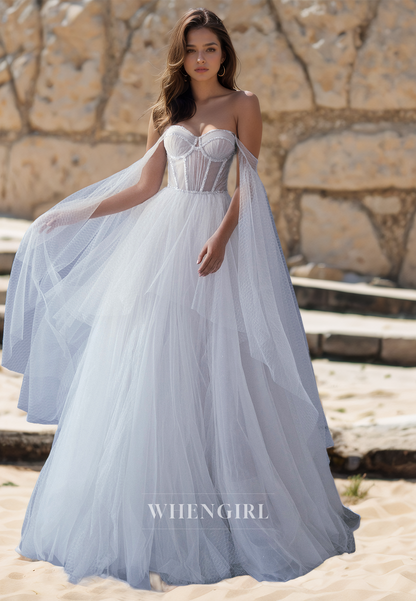 A-Line Sweetheart Sleeveless Stripe Sheer Pleats Lace Bridal Gowns with Beads Wedding Dress
