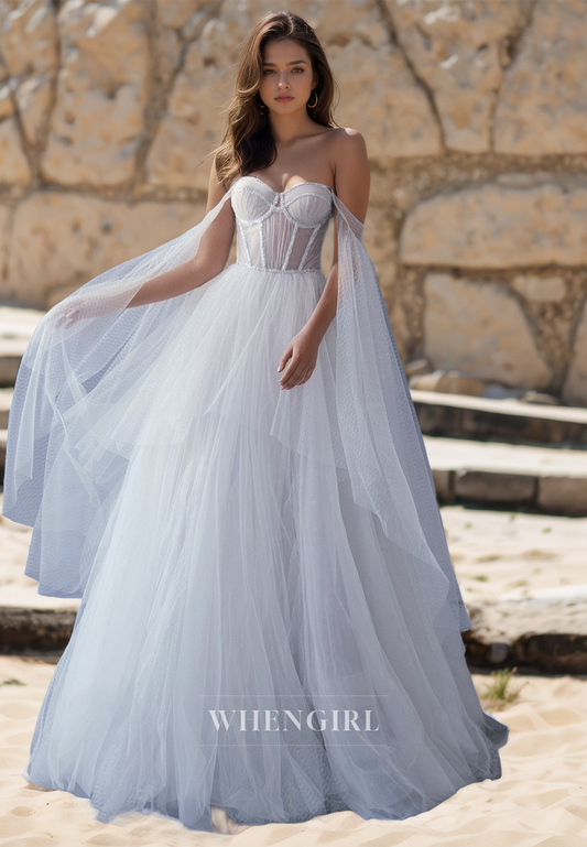 A-Line Sweetheart Sleeveless Stripe Sheer Pleats Lace Bridal Gowns with Beads Wedding Dress