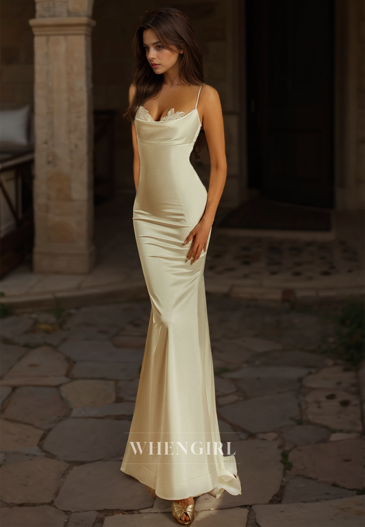 Beach Spaghetti Straps Mermaid Wedding Dress Sleeveless Train Satin Boho Gowns with Appliques