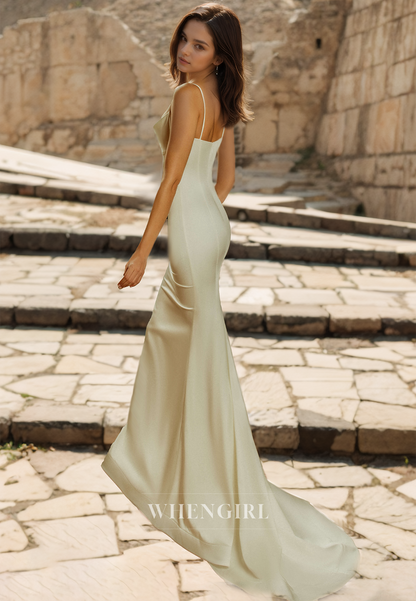 Beach Spaghetti Straps Mermaid Wedding Dress Sleeveless Train Satin Boho Gowns with Appliques