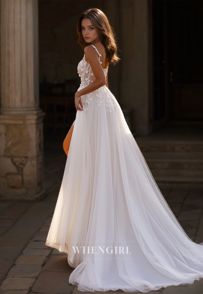 Spaghetti Straps A-Line Sweetheart High Slit Train Appliques Lace Wedding Dress with Beads Bridal Gowns
