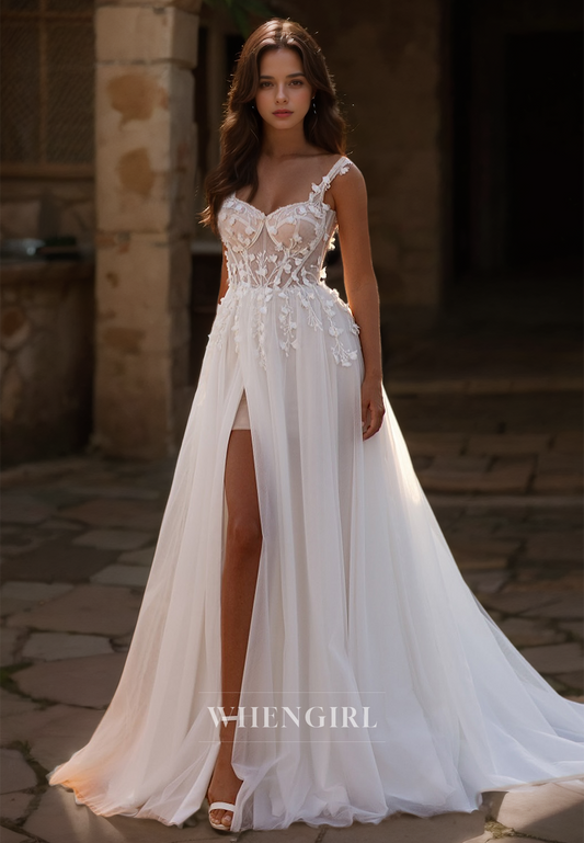 Spaghetti Straps A-Line Sweetheart High Slit Train Appliques Lace Wedding Dress with Beads Bridal Gowns