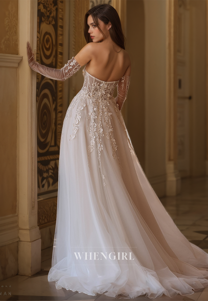 Sweetheart Half Sleeves A-Line Sweep Train Pleated Lace Wedding Dress Boho Dress with Appliques