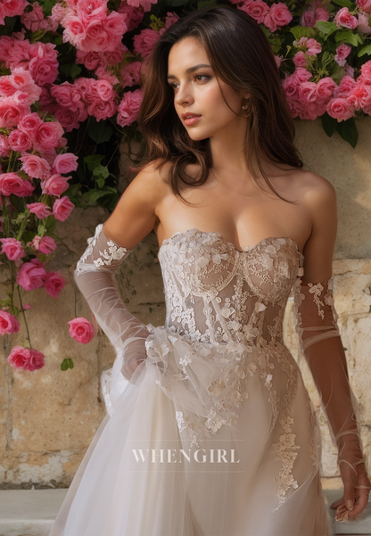 Sweetheart Half Sleeves A-Line Sweep Train Pleated Lace Wedding Dress Boho Dress with Appliques