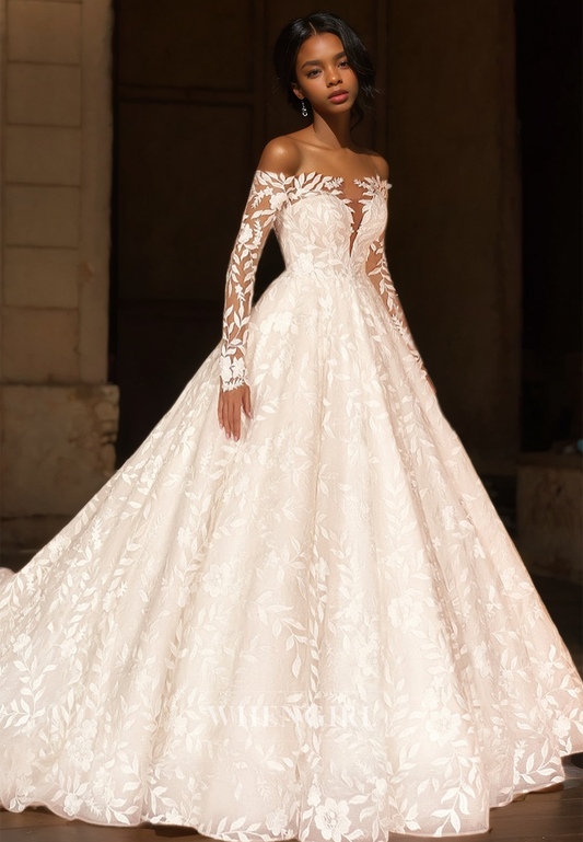 Tube Top Long Sleeves A-Line Court Train Pleated Lace Wedding Dress with Appliques Bridal Dress