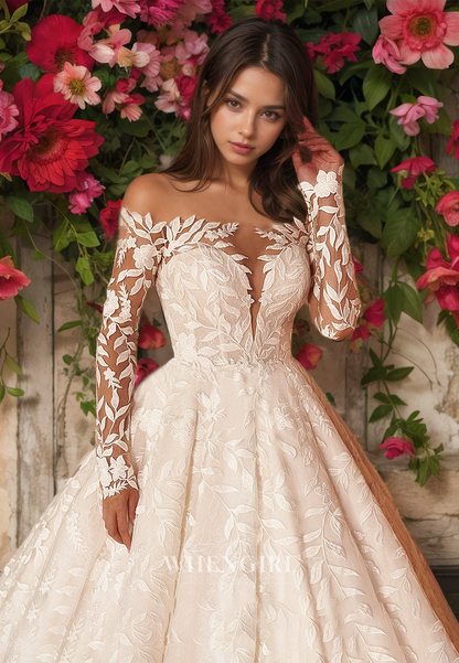 Tube Top Long Sleeves A-Line Court Train Pleated Lace Wedding Dress with Appliques Bridal Dress