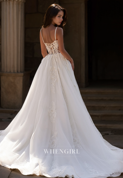 Sweetheart Straps A-Line High Slit Sleeveless Stripe Appliques Lace Wedding Dress Bridal Gowns with Train