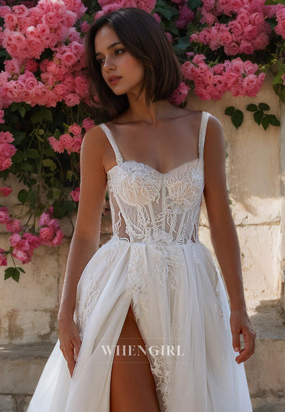Sweetheart Straps A-Line High Slit Sleeveless Stripe Appliques Lace Wedding Dress Bridal Gowns with Train