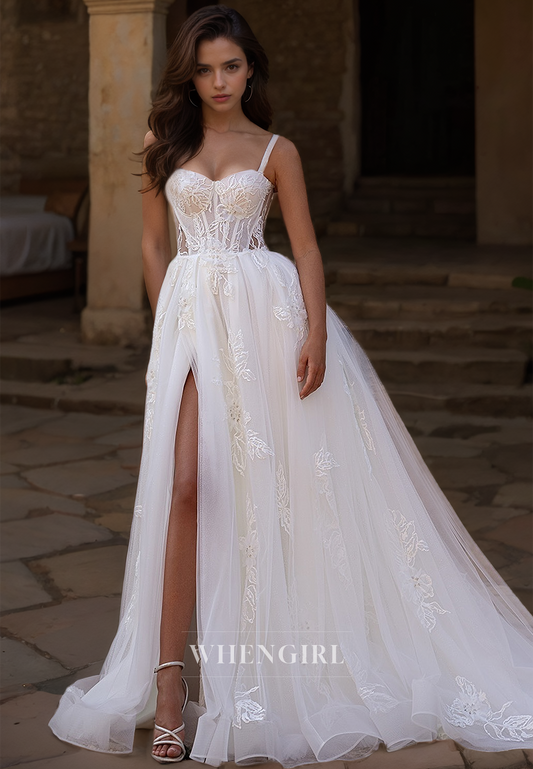 Sweetheart Straps A-Line High Slit Sleeveless Stripe Appliques Lace Wedding Dress Bridal Gowns with Train