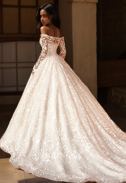 Tube Top Long Sleeves A-Line Court Train Pleated Lace Wedding Dress with Appliques Bridal Dress