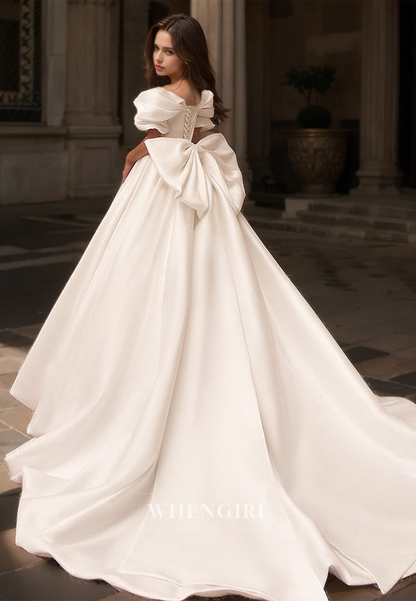 Off-Shoulder A-Line V-Neck Sweep Train Pleated Satin Bridal Gowns with Bows Wedding Dress