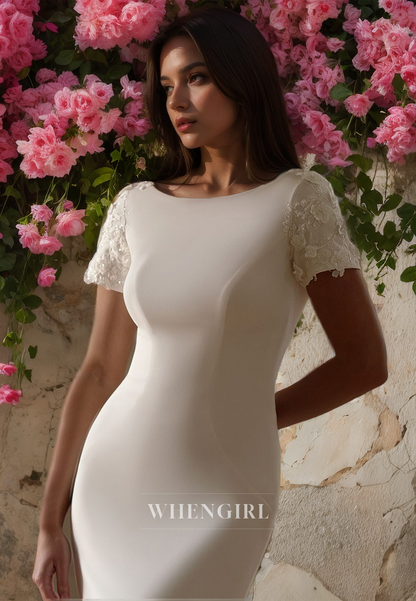 Scoop Neck Short Sleeves Mermaid Brush Train Satin Wedding Dress with Appliques Bridal Dress