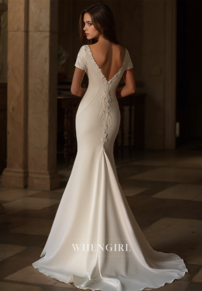 Scoop Neck Short Sleeves Mermaid Brush Train Satin Wedding Dress with Appliques Bridal Dress