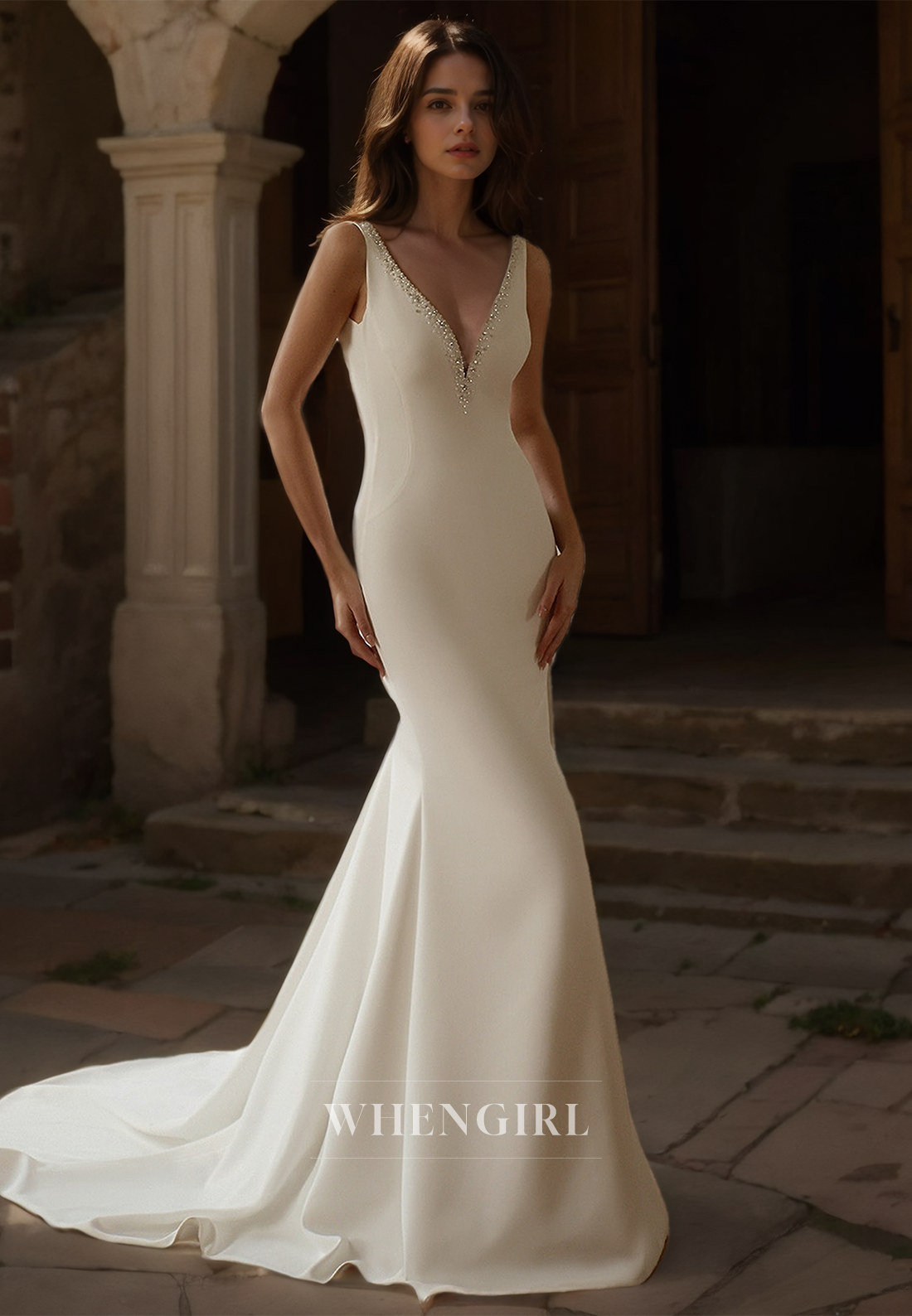 V-Neck Straps Sleeveless Mermaid Boho Dress Train Beads Satin Beach Wedding Dress with Detachable Overskirt