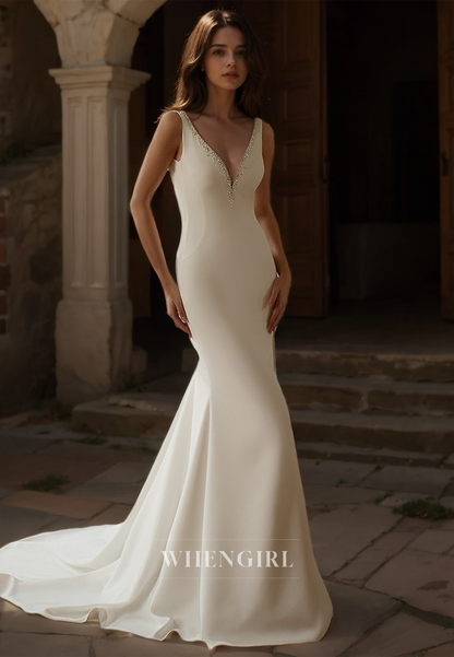 V-Neck Straps Sleeveless Mermaid Boho Dress Train Beads Satin Beach Wedding Dress with Detachable Overskirt
