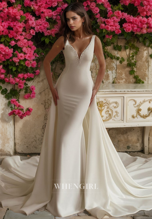 V-Neck Straps Sleeveless Mermaid Boho Dress Train Beads Satin Beach Wedding Dress with Detachable Overskirt