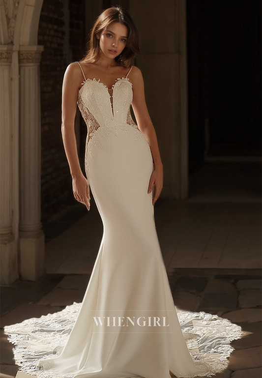 Spaghetti Straps Sweetheart Mermaid Wedding Dress Appliques Satin Bridal Gownswith Lace Train