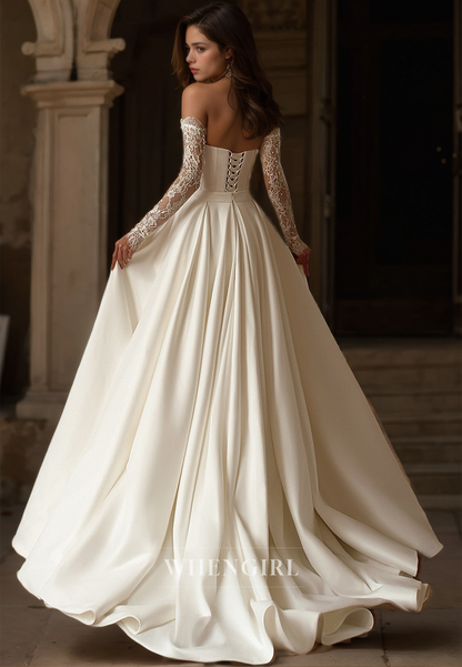 Sweetheart Long Sleeves Mermaid Beaded Appliques Lace Wedding Dress with Detachable Overskirt
