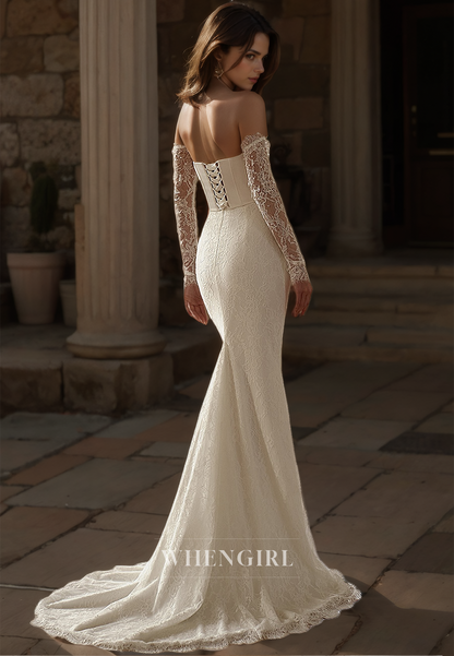 Sweetheart Long Sleeves Mermaid Beaded Appliques Lace Wedding Dress with Detachable Overskirt