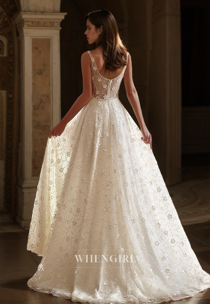 Square Neck Straps Sleeveless A-Line Slit Appliques Lace Bridal Gowns with Train Wedding Dress