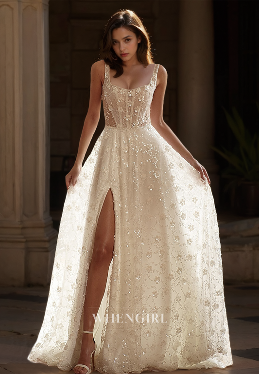 Square Neck Straps Sleeveless A-Line Slit Appliques Lace Bridal Gowns with Train Wedding Dress