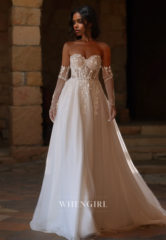 Sweetheart Half Sleeves A-Line Sweep Train Pleated Lace Wedding Dress Boho Dress with Appliques