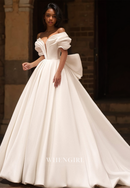 Off-Shoulder A-Line V-Neck Sweep Train Pleated Satin Bridal Gowns with Bows Wedding Dress