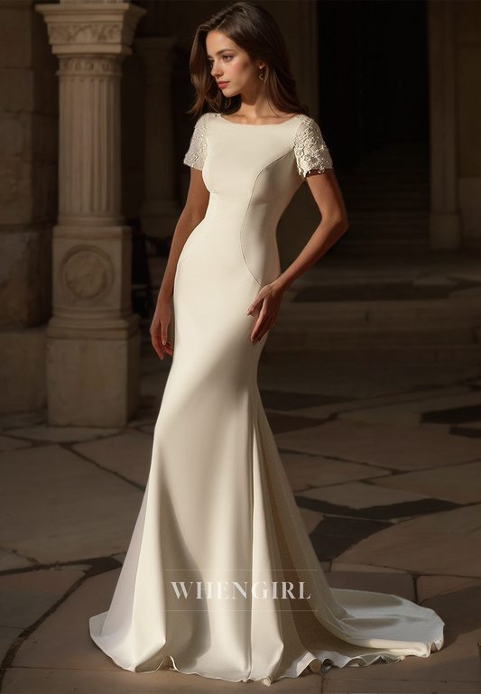 Scoop Neck Short Sleeves Mermaid Brush Train Satin Wedding Dress with Appliques Bridal Dress