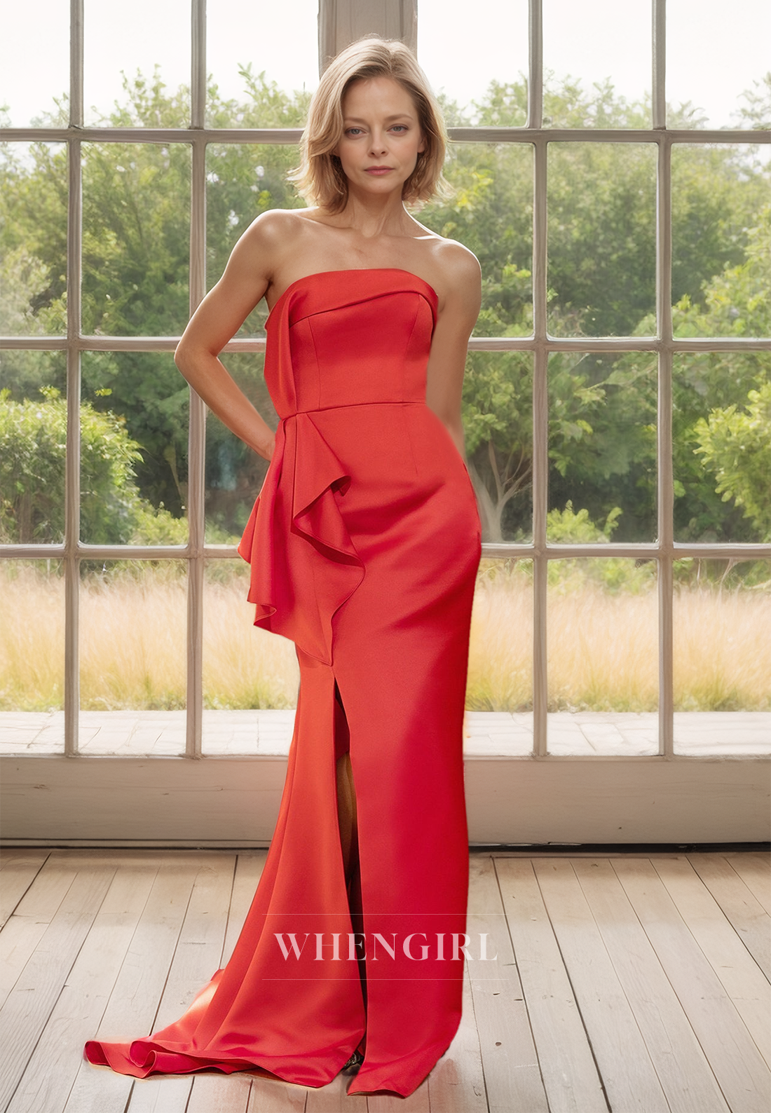 Casual&Simple Tube Top Sleeveless Mermaid Train Satin Mother of Bride Dress with Slit Cocktail Dress