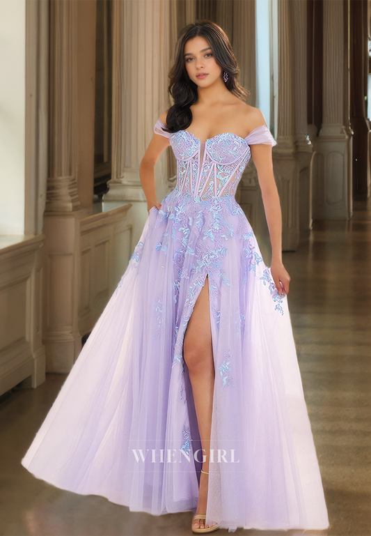 Off-Shoulder Sweetheart A-Line Sleeveless High Slit Lace Prom Dress with Appliques Evening Dress